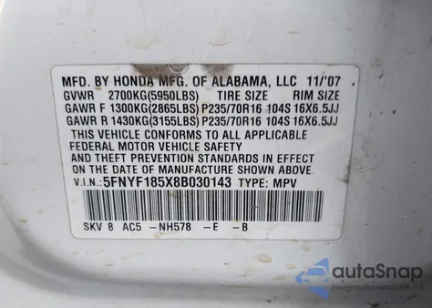 2008 Honda Pilot Ex-L из США, поврежденный, VIN 5FNYF185X8B030143